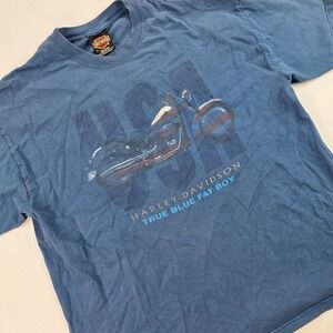 Y2K Harley Davidson Mens XL Blue Made in USA Fat Boy T Shirt Orlando Motorcycle